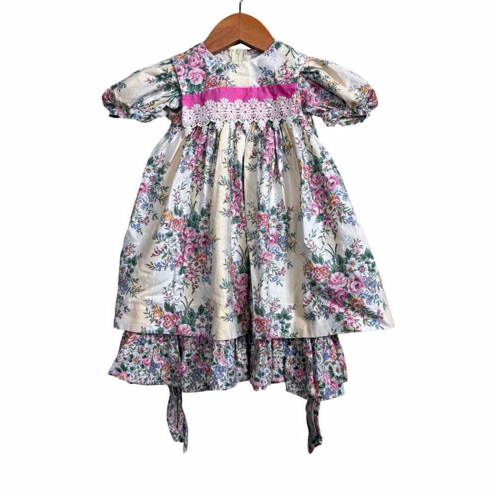 True Vintage Ruth of Carolina Girls Floral A-Line Dress Puff Sleeve Lace Ruffle
